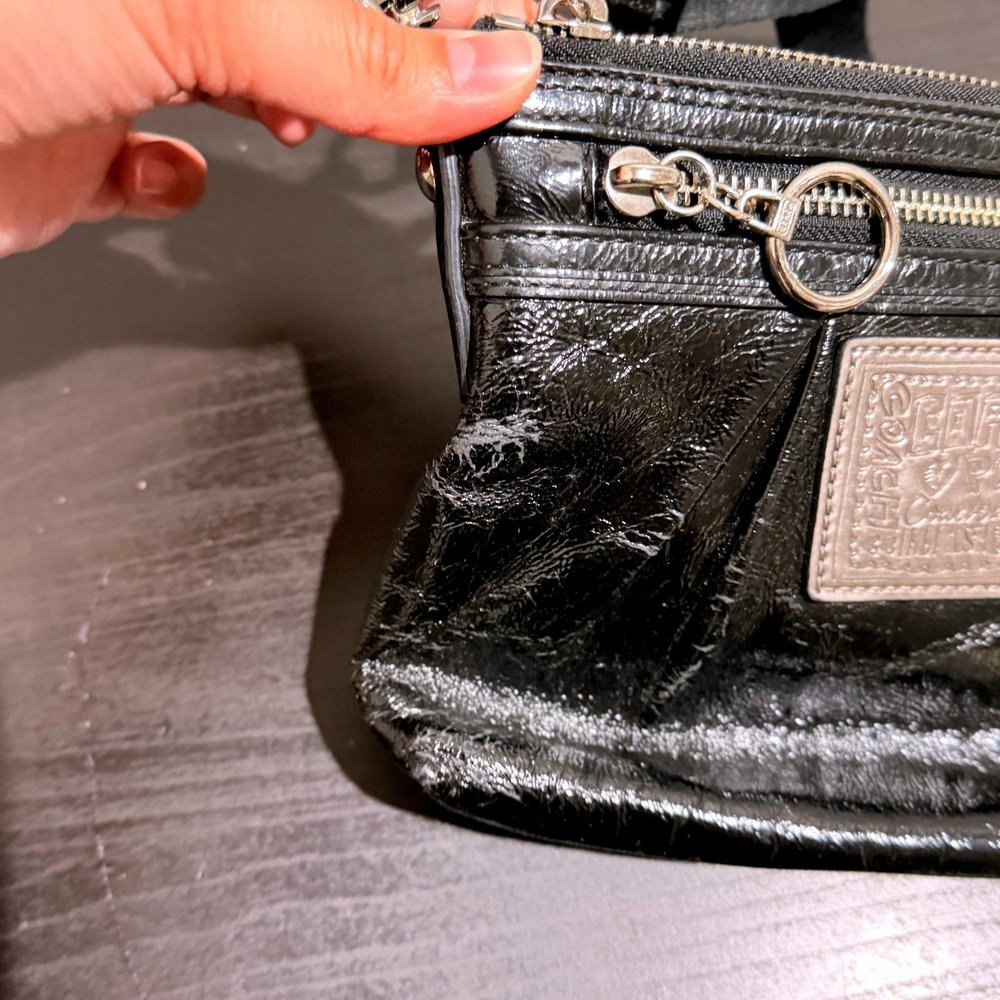 Coach Poppy Black Liquid Patent Leather Crossbody Bag Leopard Print Lining *READ - Picture 4 of 9